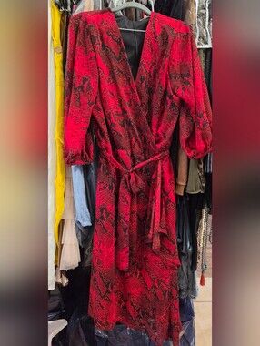 Calvin Klein Red Snake-Print Wrap Dress with Belt